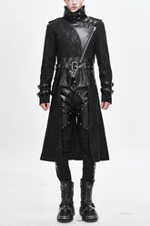Black Open Collar Printed Belted Long Mens Punk Coat